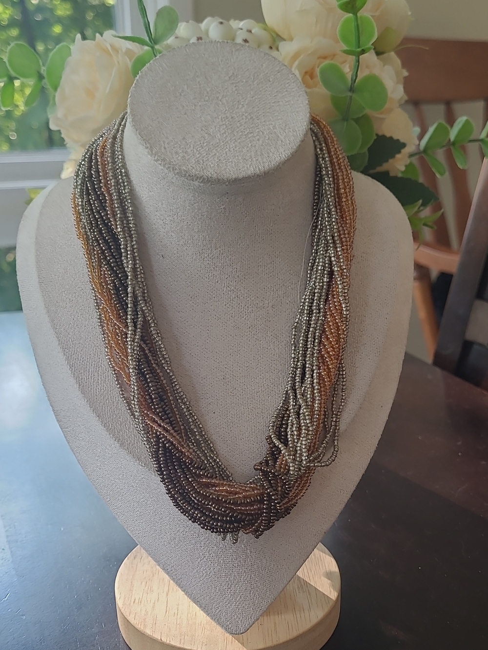 Multi-Strand Seed Bead Necklace in Brown and Gold